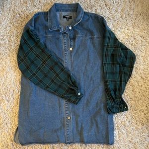 Long Denim Button Up with Plaid Sleeves